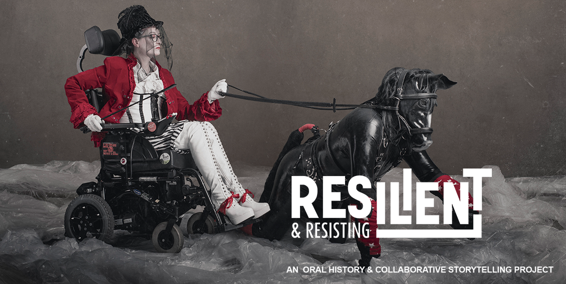 Resilient and Resting homepage image of Dennis Queen in a wheelchair, holding the reigns of a black leather clad pony - Star - on all fours.