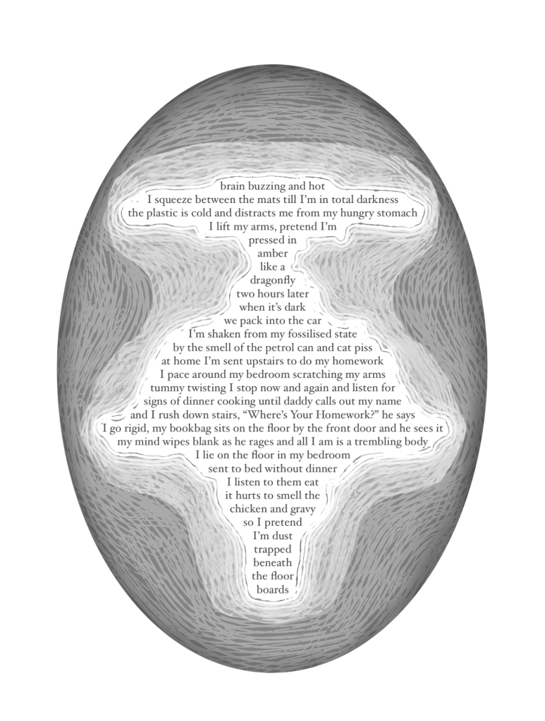 [Image Description: A dark oval fills the page which gets progressively lighter, as if carved, until we reach inner section which has the text center aligned.] 

brain buzzing and hot
I squeeze between the mats till I’m in total darkness
the plastic is cold and distracts me from my hungry stomach
I lift my arms, pretend I’m
pressed in
amber
like a
dragonfly 
two hours later
when it’s dark
we pack into the car
I’m shaken from my fossilised state 
by the smell of the petrol can and cat piss
at home I’m sent upstairs to do my homework
I pace around my bedroom scratching my arms
tummy twisting I stop now and again and listen for 
signs of dinner cooking until daddy calls out my name 
and I rush down stairs, “Where’s Your Homework?” he says
I go rigid, my bookbag sits on the floor by the front door and he sees it
my mind wipes blank as he rages and all I am is a trembling body
I lie on the floor in my bedroom
sent to bed without dinner
I listen to them eat
it hurts to smell the 
chicken and gravy
so I pretend 
I’m dust
trapped
beneath
the floor
boards