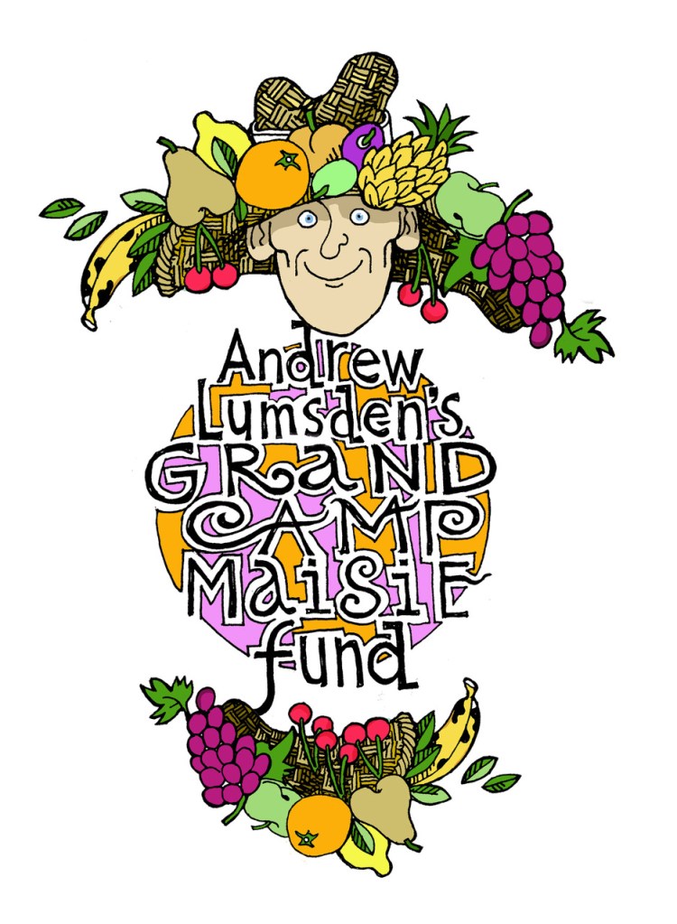 Image in cartoon style of a man surrounded by colourful tropical fruits, and a decorative text which reads Andrew Lumsden's Grand Camp Maisie Fund. 